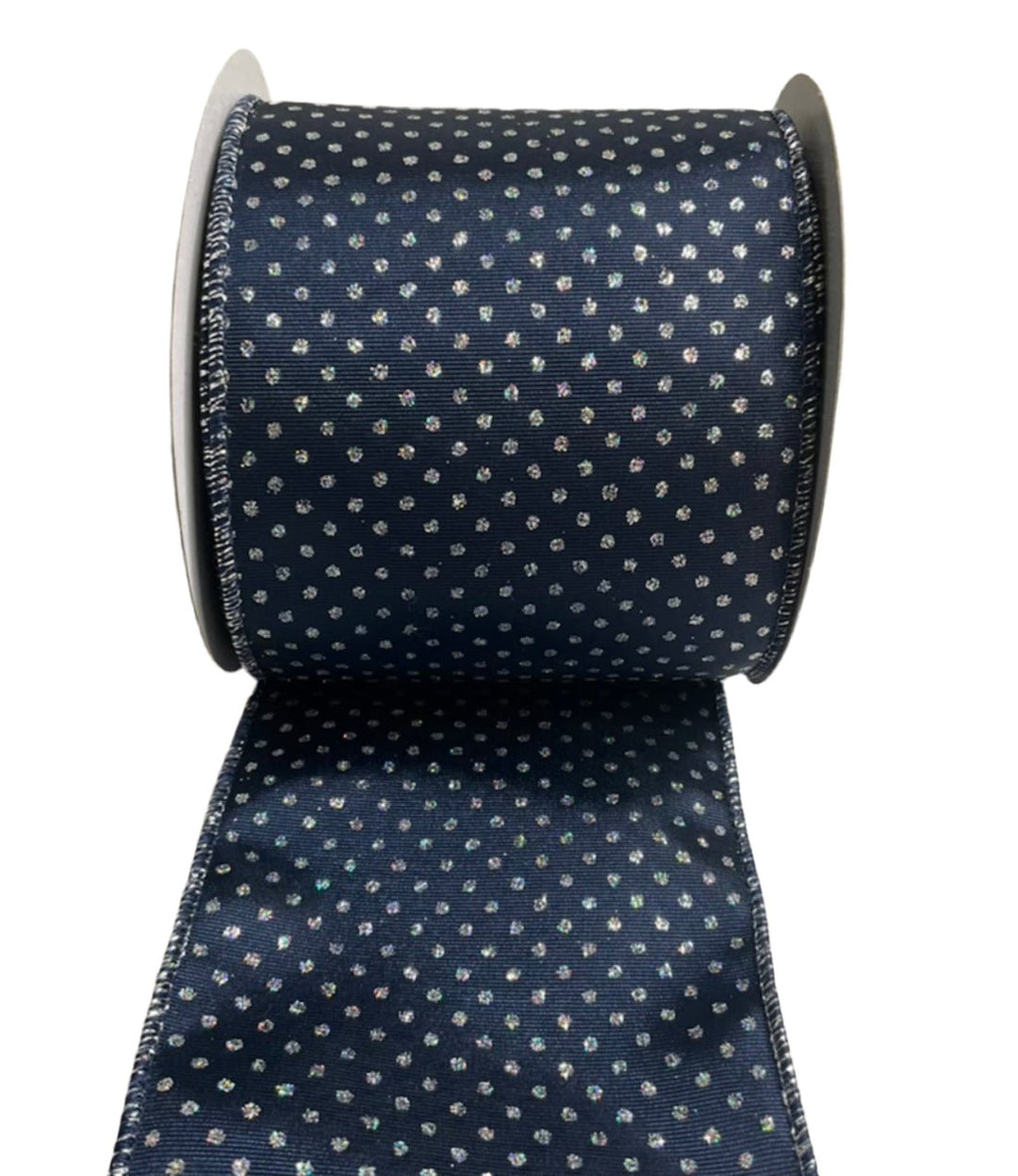 Navy Blue grosgrain wired ribbon with silver metallic dots 4” - Greenery MarketWired ribbonMTX62897