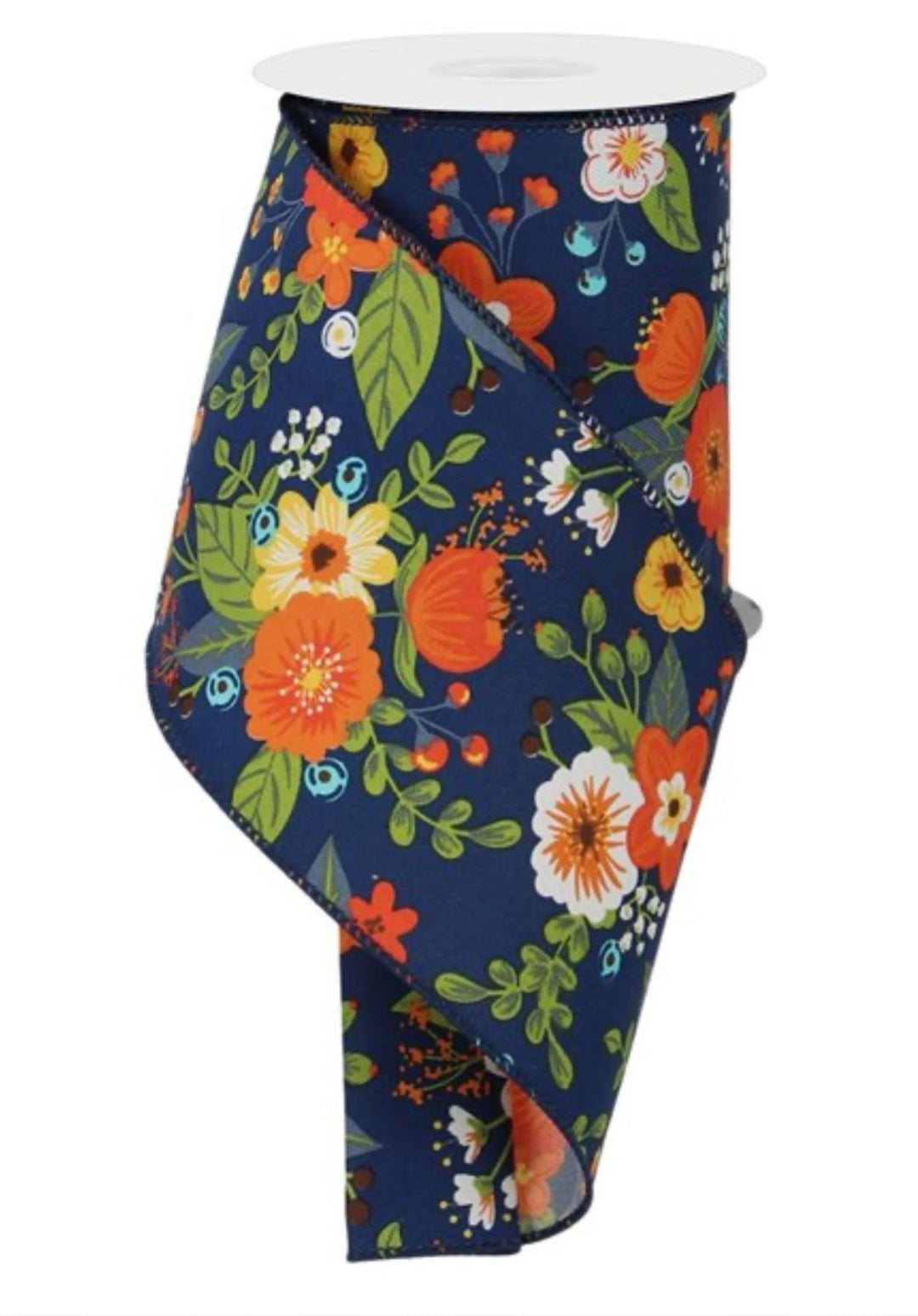 Navy blue, moss green, & orange flower wired ribbon 4” - Greenery MarketWired ribbonRGE113419