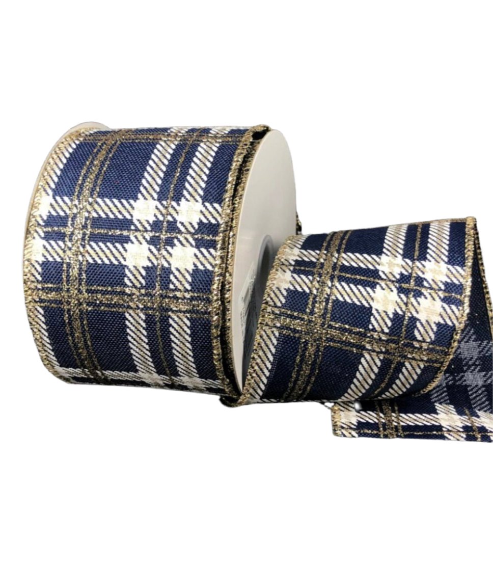 Navy, champagne, and gold plaid on linen 2.5” - Greenery MarketRibbons & Trim71236-40-27