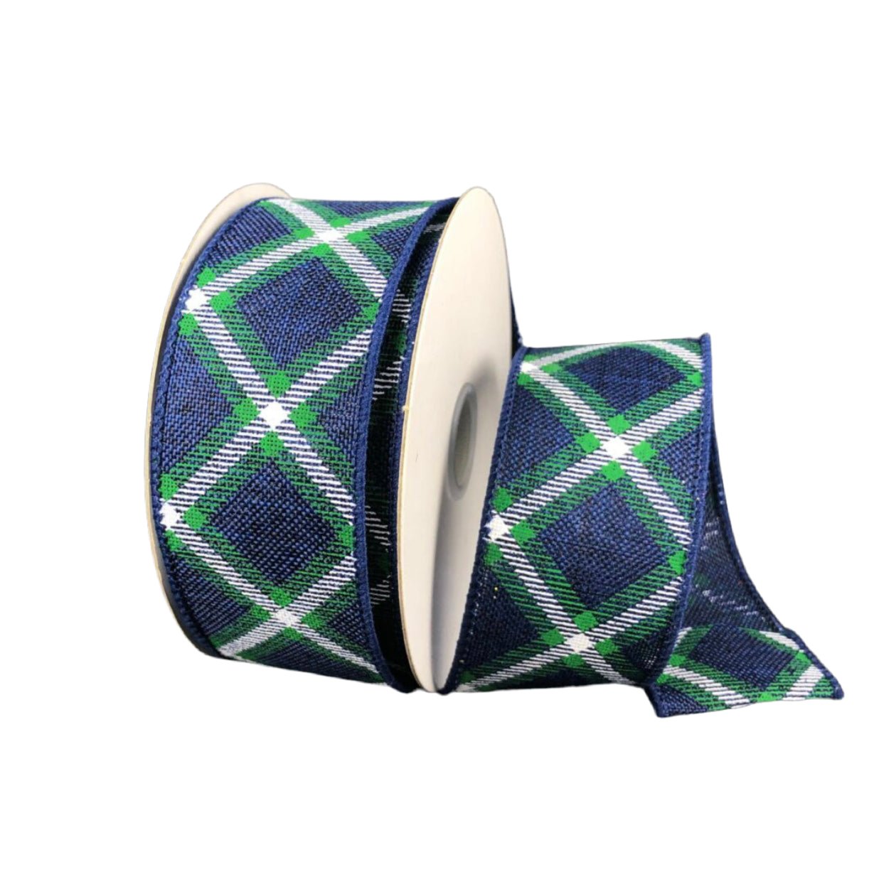 Navy, green, and white plaid wired ribbon 1.5