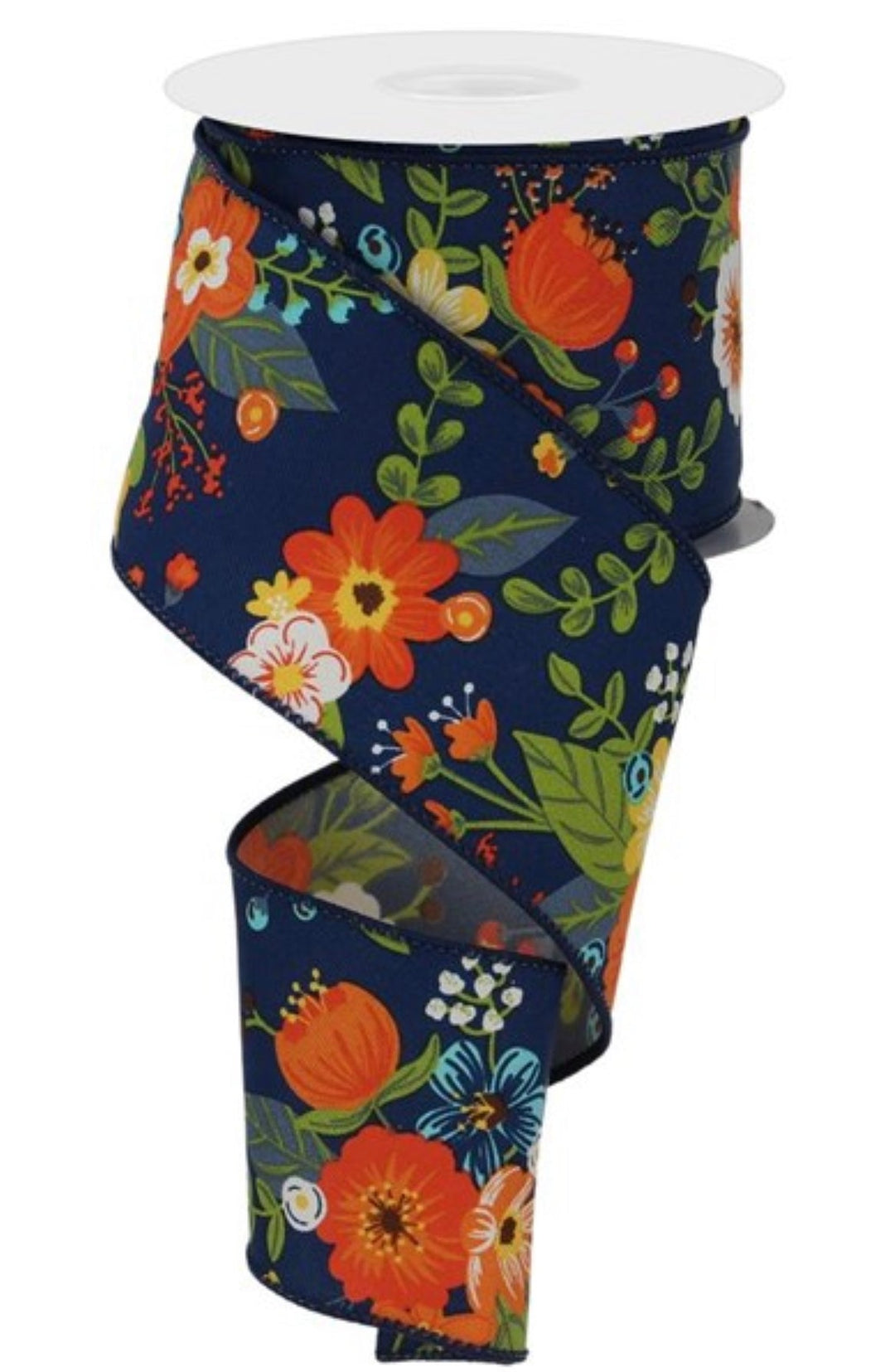 Navy, orange, and blue floral ribbon, 2.5" wired - Greenery MarketWired ribbonrge113319