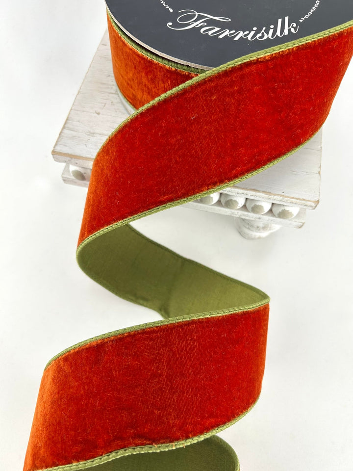 Olive Green And Rust, 2 Tone, Plush Velvet Luster 2.5” Farrisilk Wired Ribbon - Greenery MarketRibbons & TrimRK131-04