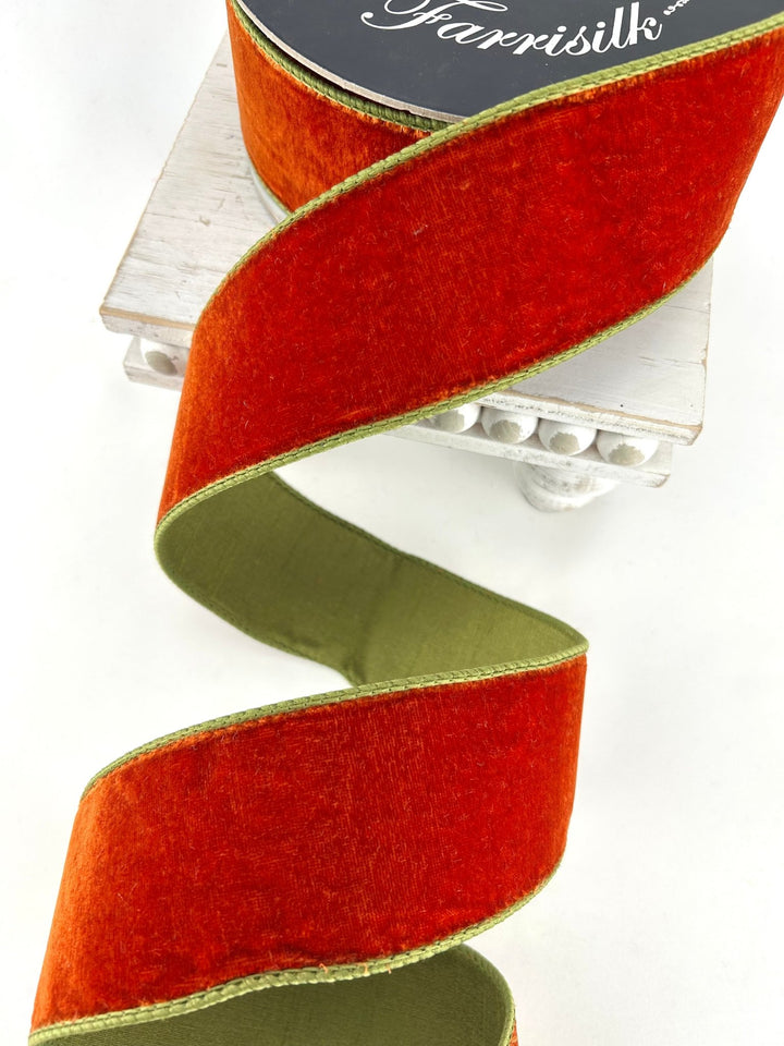 Olive Green And Rust, 2 Tone, Plush Velvet Luster 2.5” Farrisilk Wired Ribbon - Greenery MarketRibbons & TrimRK131-04