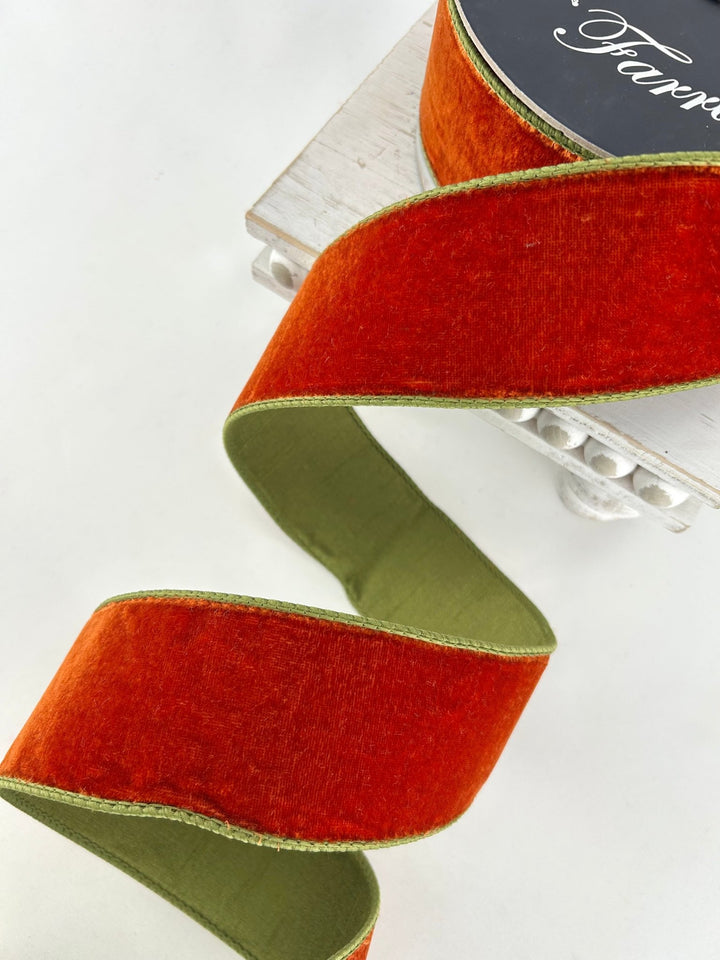 Olive Green And Rust, 2 Tone, Plush Velvet Luster 2.5” Farrisilk Wired Ribbon - Greenery MarketRibbons & TrimRK131-04