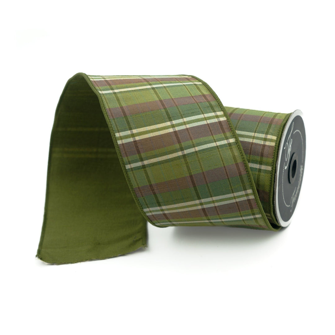 Olive Sherwood Plaid Farrisilk Wired Ribbon - 4" - Greenery MarketRK394-76