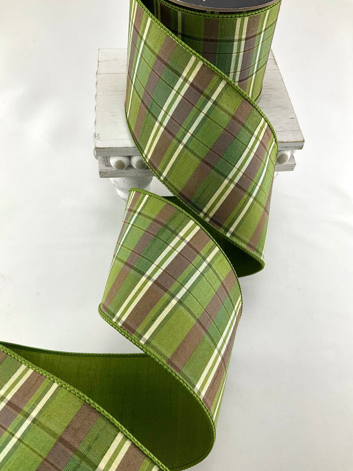 Olive Sherwood Plaid Farrisilk Wired Ribbon - 4" - Greenery MarketRK394-76