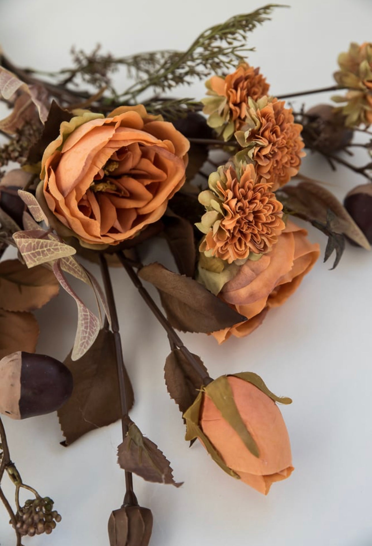 Open rose and mum mixed bundle with acorns - orange - Greenery Market