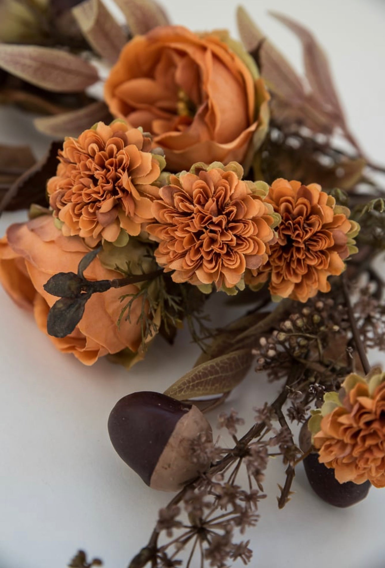 Open rose and mum mixed bundle with acorns - orange - Greenery Market