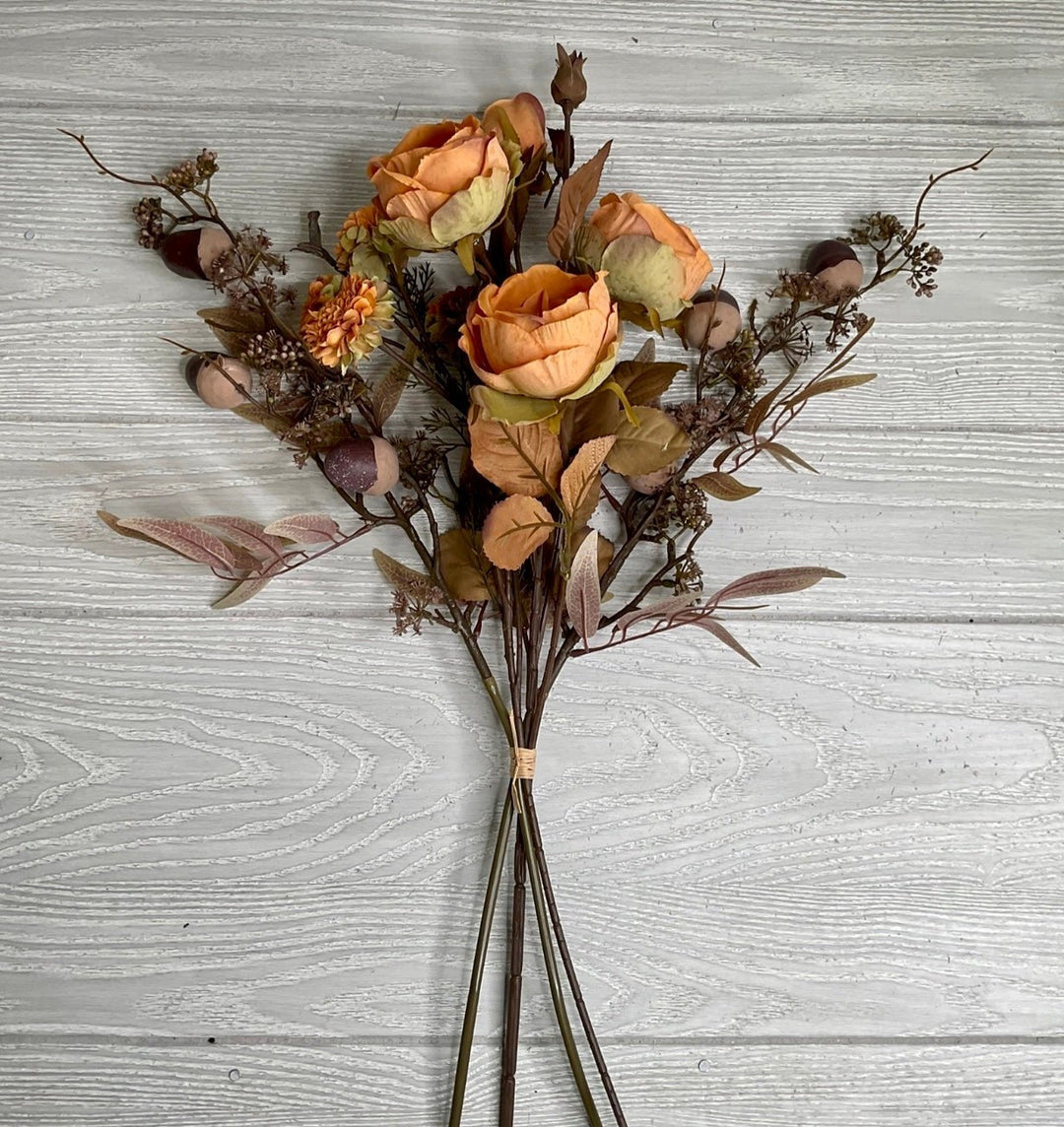 Open rose and mum mixed bundle with acorns - orange - Greenery MarketArtificial Flora26380