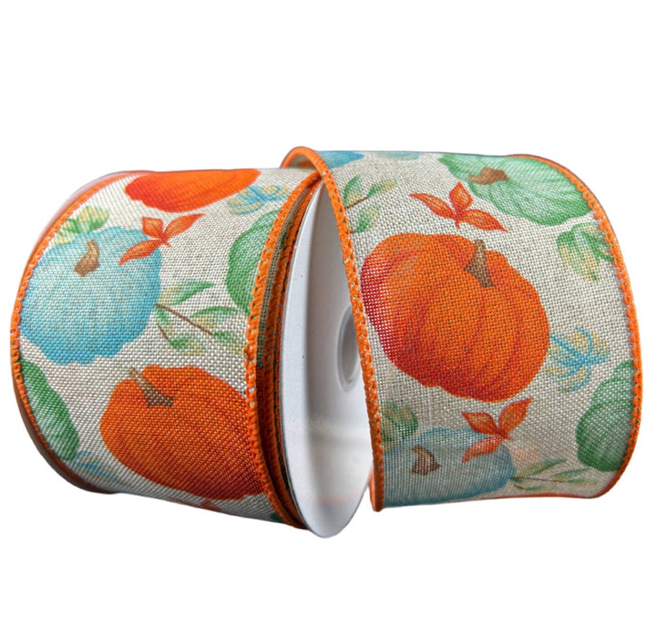 Orange and blue pumpkins wired ribbon, 2.5" - Greenery MarketWired ribbon61414 - 40 - 15