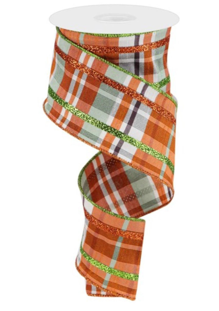 Orange and green plaid with glitter stripe, 2.5” wired ribbon - Greenery MarketWired ribbonRgp1102ak