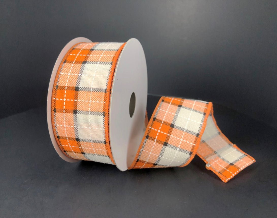 Orange and ivory plaid wired ribbon 1.5” - Greenery MarketWired ribbon51013-09-18