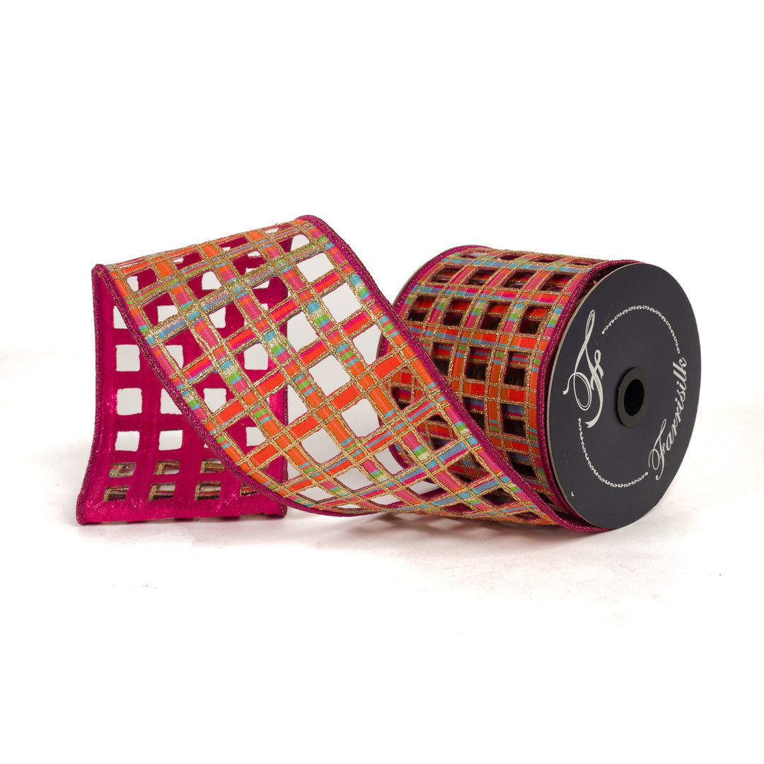 Orange and Pink Window Plaid Farrisilk Wired Ribbon - 4" - Greenery MarketRK828-52
