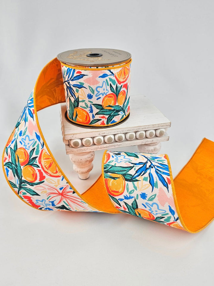 Orange & Blue Watercolor Abstract Oranges Dupion Wired Ribbon - 4" - Greenery MarketWired ribbon05-1010
