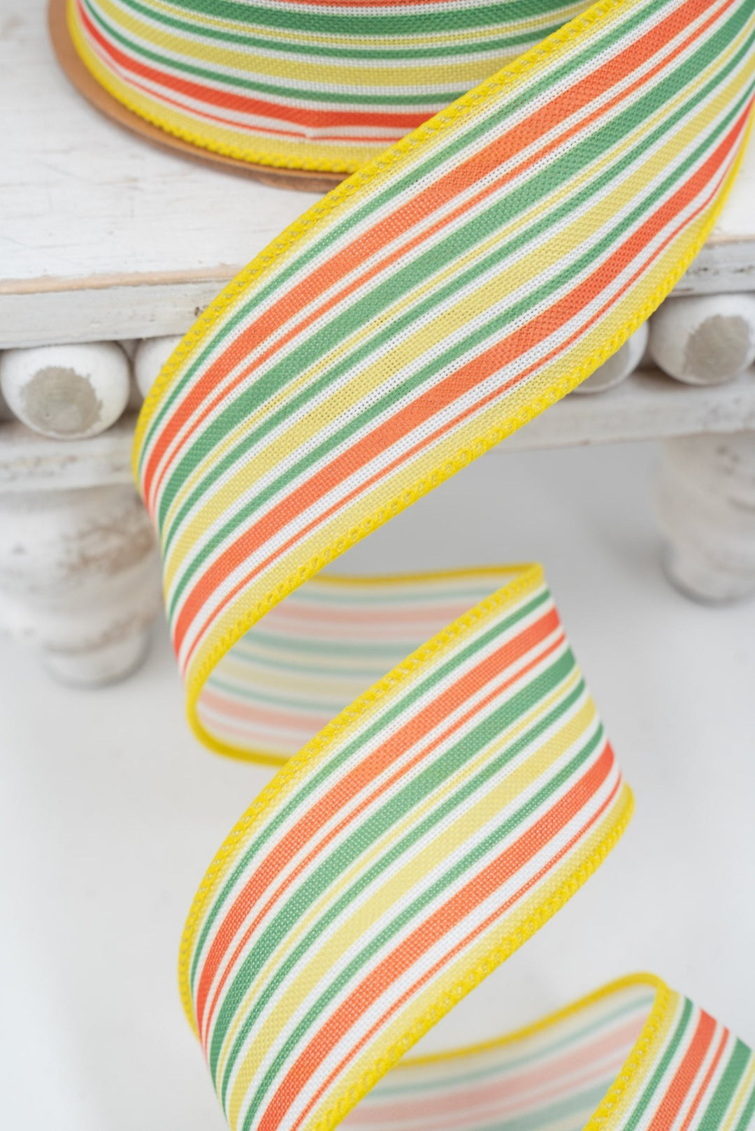 Orange, Green & White On Yellow Linen Wired Ribbon - 1.5" - Greenery MarketWired Ribbon4007W-019-38E
