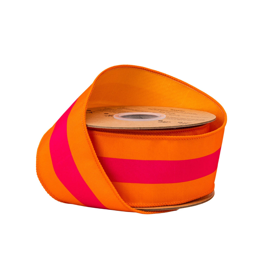 Orange & Pink Center Stripe with Orange Backing Wired Dupioni Ribbon - 2.5" - Greenery MarketWired Ribbon8217W-750-63E