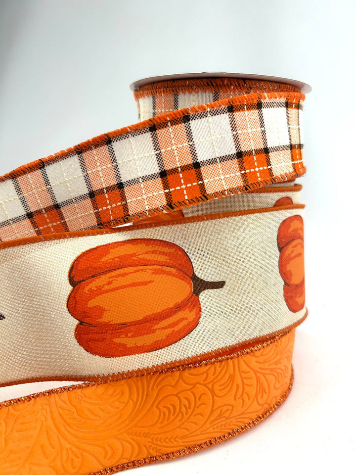 Orange Pumpkins Plaid Bow Bundle x 3 Ribbons - Greenery MarketOrgPumpX3