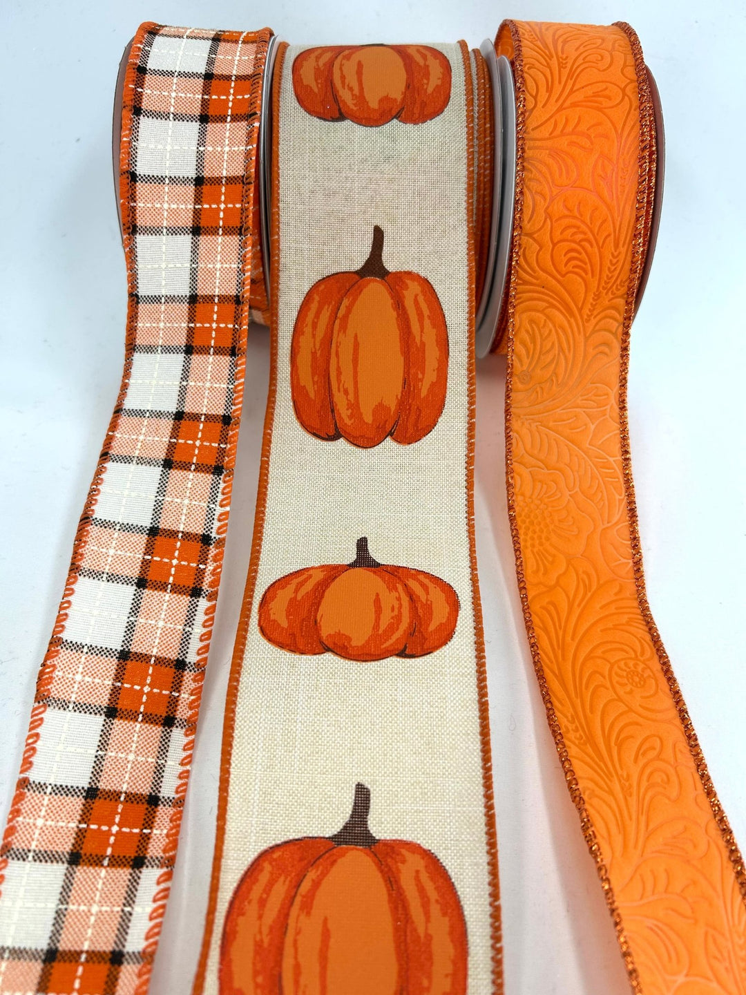 Orange Pumpkins Plaid Bow Bundle x 3 Ribbons - Greenery MarketOrgPumpX3