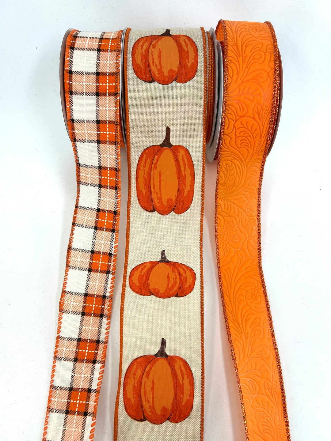 Orange Pumpkins Plaid Bow Bundle x 3 Ribbons - Greenery MarketOrgPumpX3