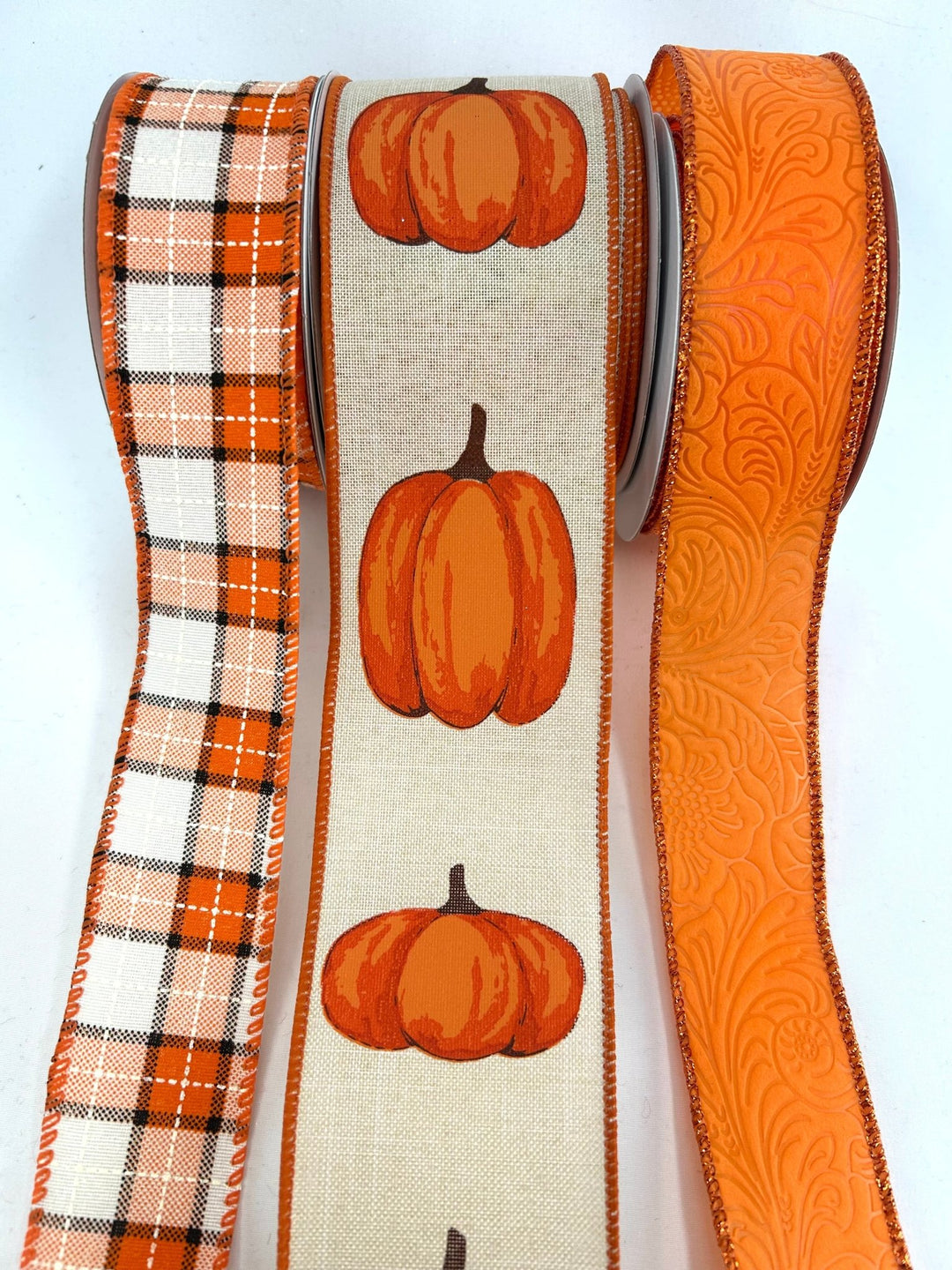 Orange Pumpkins Plaid Bow Bundle x 3 Ribbons - Greenery MarketOrgPumpX3