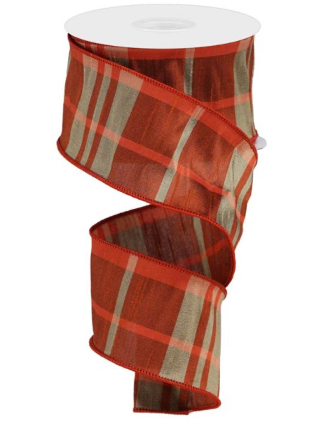 Orange, rust, and beige plaid faux dupioni 2.5” wired ribbon - Greenery MarketWired ribbonRGA1256MC