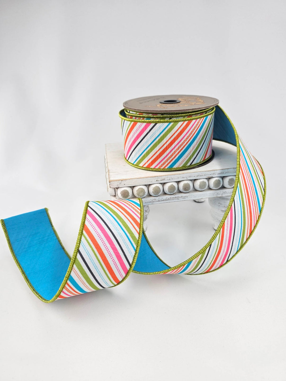 Orange, Teal, Hot Pink, & Lime Colorful Diagonial Stripe Dupion Wired Ribbon - 2.5" - Greenery MarketWired ribbon05-1572