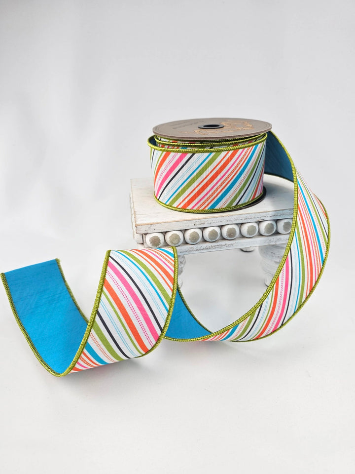 Orange, Teal, Hot Pink, & Lime Colorful Diagonial Stripe Dupion Wired Ribbon - 2.5" - Greenery MarketWired ribbon05-1572