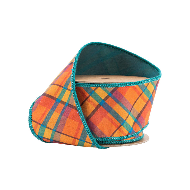 Orange & Teal Plaid Wired Ribbon - 2.5" - Greenery Market6929W - 365 - 63E