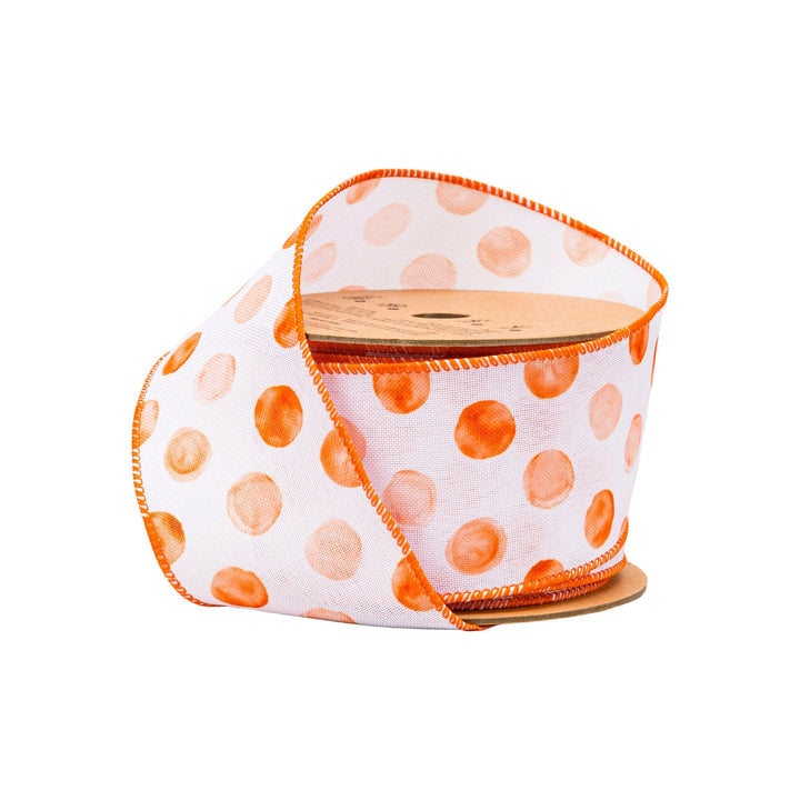 Orange Water Color Dots On White Wired Ribbon - 2.5" - Greenery MarketWired Ribbon4006W-750-63E