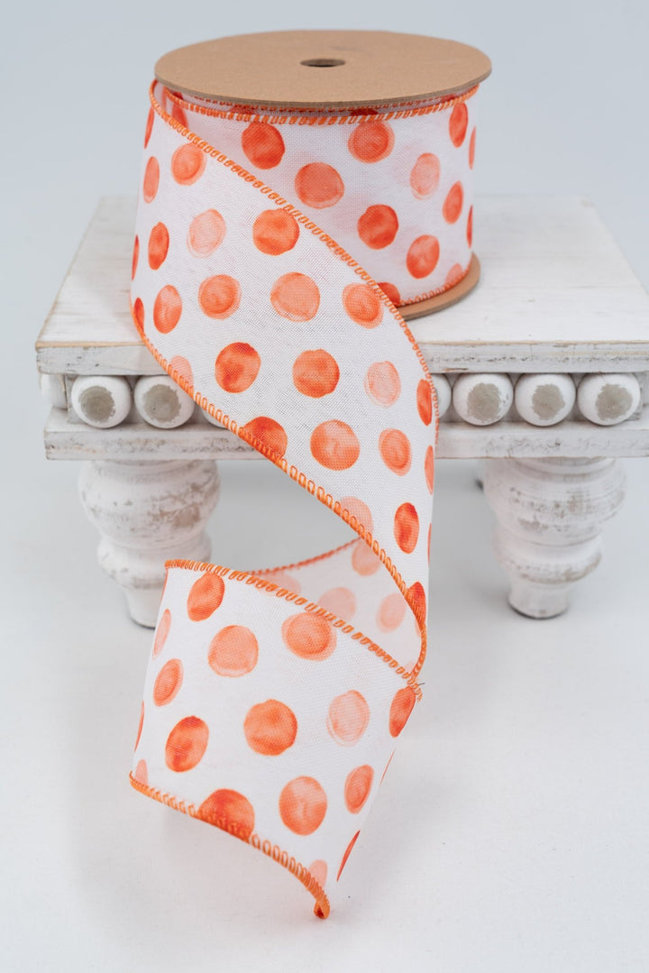 Orange Water Color Dots On White Wired Ribbon - 2.5" - Greenery MarketWired Ribbon4006W-750-63E