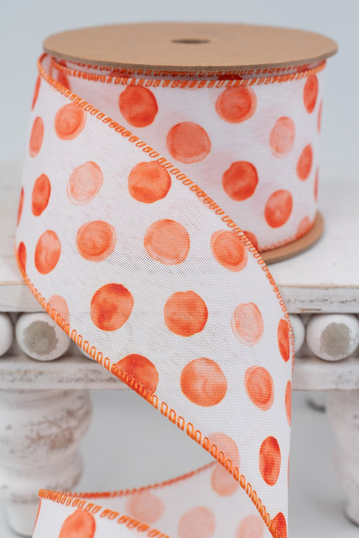 Orange Water Color Dots On White Wired Ribbon - 2.5" - Greenery MarketWired Ribbon4006W-750-63E