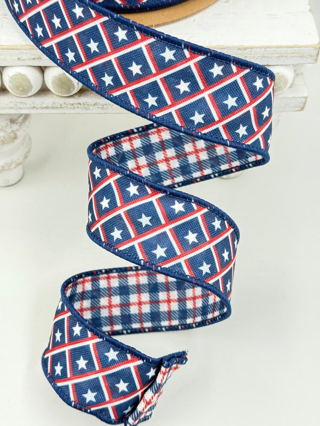 Patriotic Diamond Stars & Double Sided Plaid Wired Ribbon - 1.5" - Greenery MarketWired Ribbon9553W-032-38E