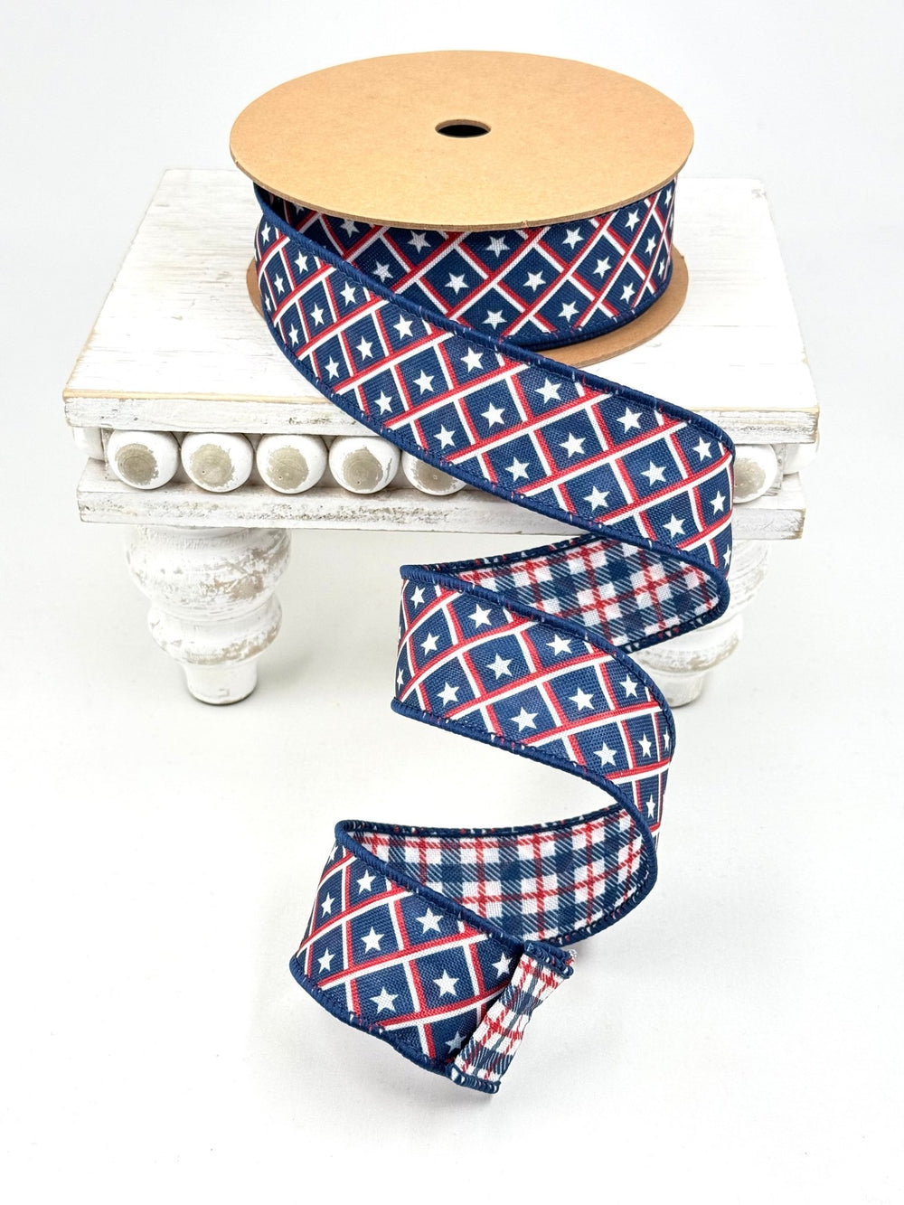 Patriotic Diamond Stars & Double Sided Plaid Wired Ribbon - 1.5" - Greenery MarketWired Ribbon9553W-032-38E