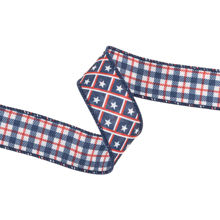 Patriotic Diamond Stars & Plaid Wired Ribbon - 1.5" - Greenery MarketWired Ribbon9553W-032-38E