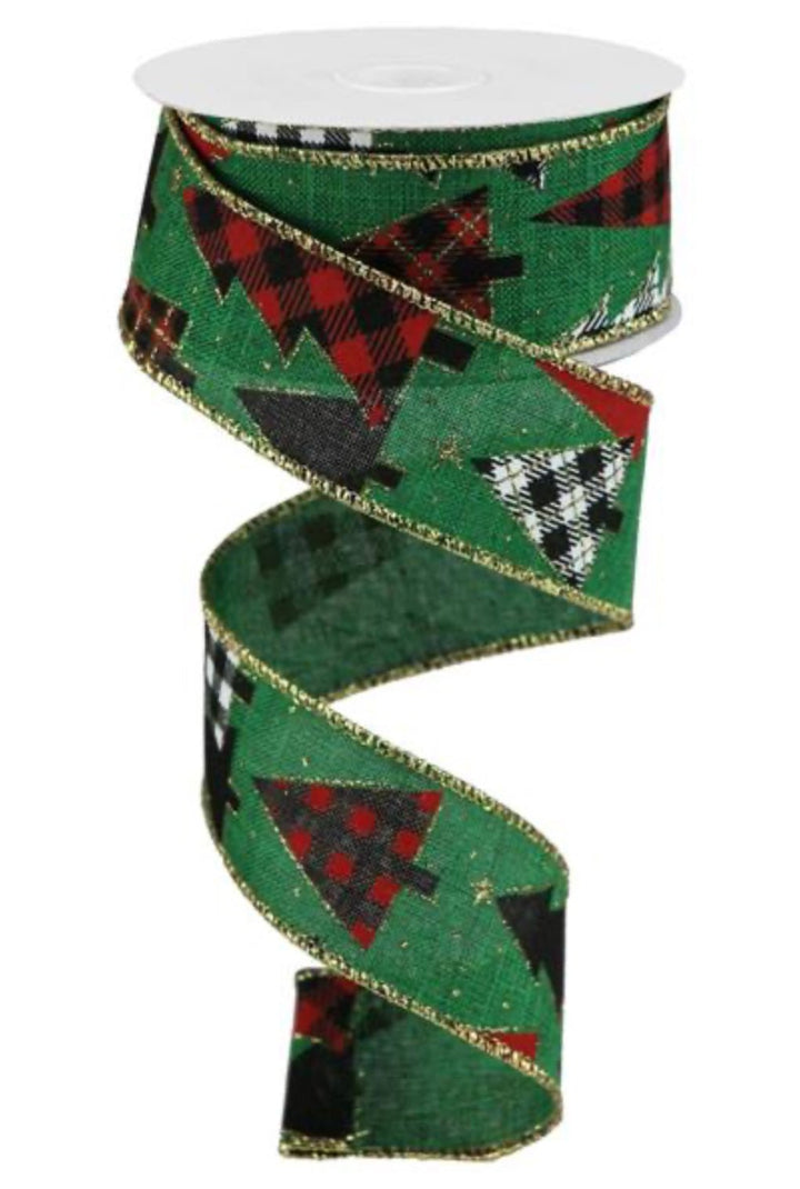 Patterned Trees emerald green and red 1.5” wired ribbon - Greenery MarketWired ribbonRGB105606