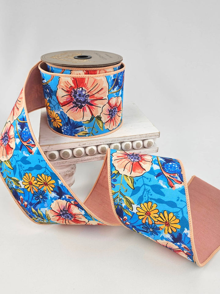Peach & Blue Watercolor Primrose Daisies Dupion Wired Ribbon - 4" - Greenery MarketWired ribbon05-1009