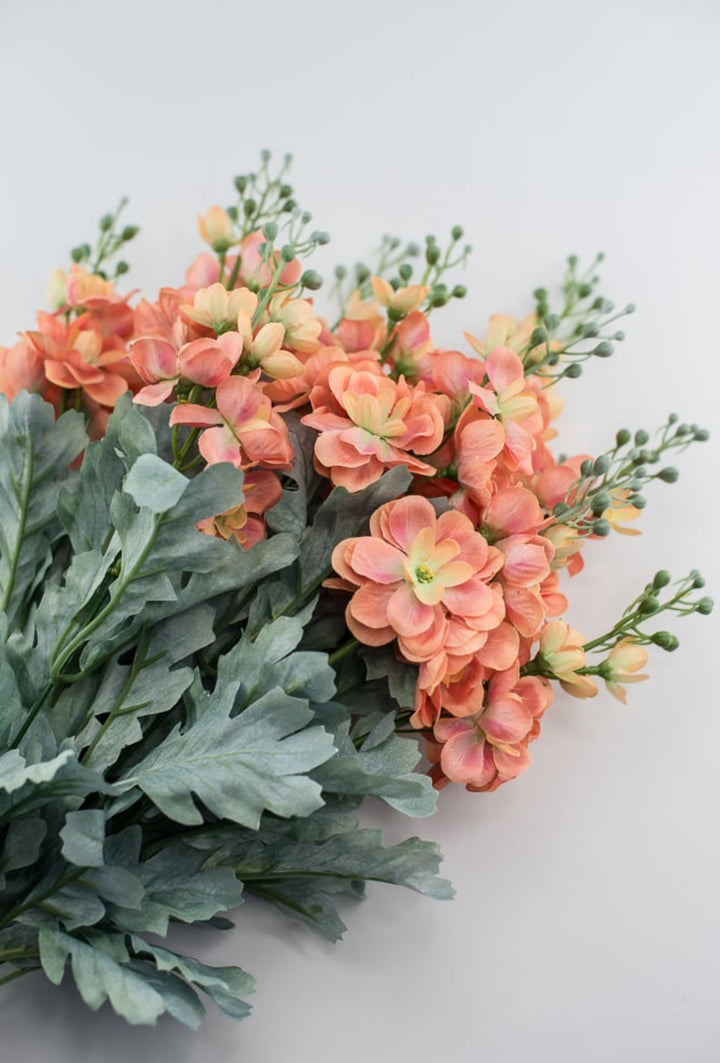 Peach coral delphiniums artificial flower bush - Greenery MarketArtificial Flora84296-OR