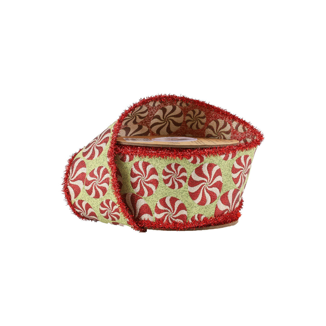 Peppermint On Apple Green Wired Jacquard Ribbon - 2.5" - Greenery Market6506W - 550 - 63C