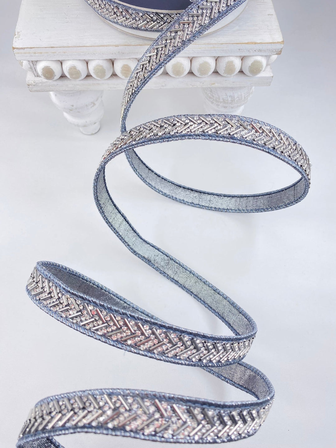 Pewter Chevron Crystal Trim Farrisilk Wired Ribbon - .75" - Greenery MarketRK812 - 53