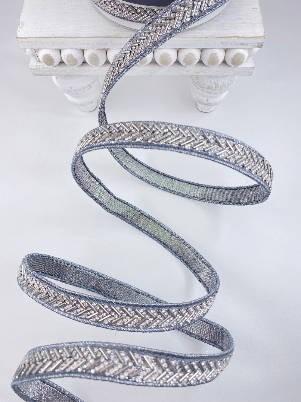 Pewter Chevron Crystal Trim Farrisilk Wired Ribbon - .75" - Greenery MarketRK812 - 53