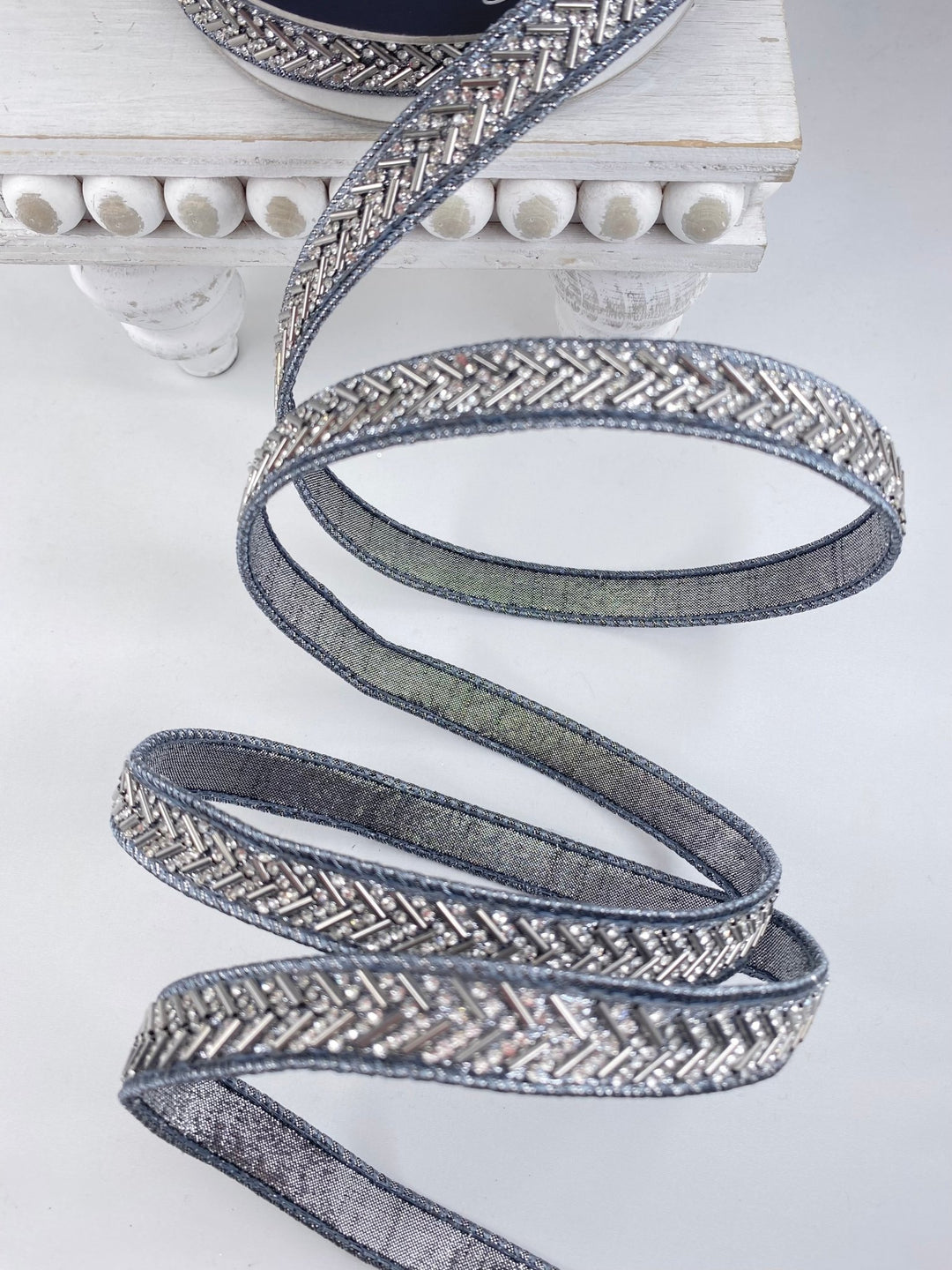 Pewter Chevron Crystal Trim Farrisilk Wired Ribbon - .75" - Greenery MarketRK812 - 53
