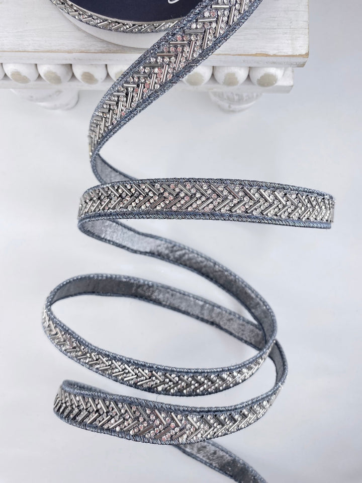 Pewter Chevron Crystal Trim Farrisilk Wired Ribbon - .75" - Greenery MarketRK812 - 53