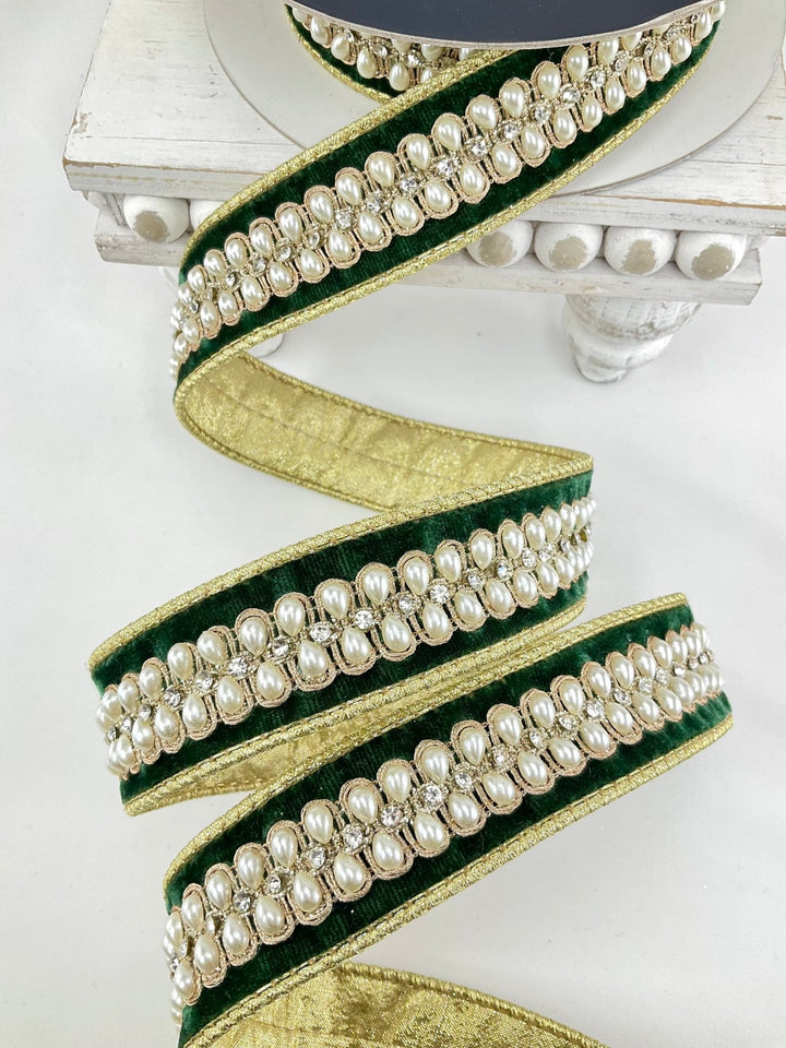 Pine Green Pearl Necklace Farrisilk Wired Ribbon - 1.5" - Greenery MarketRK836-38