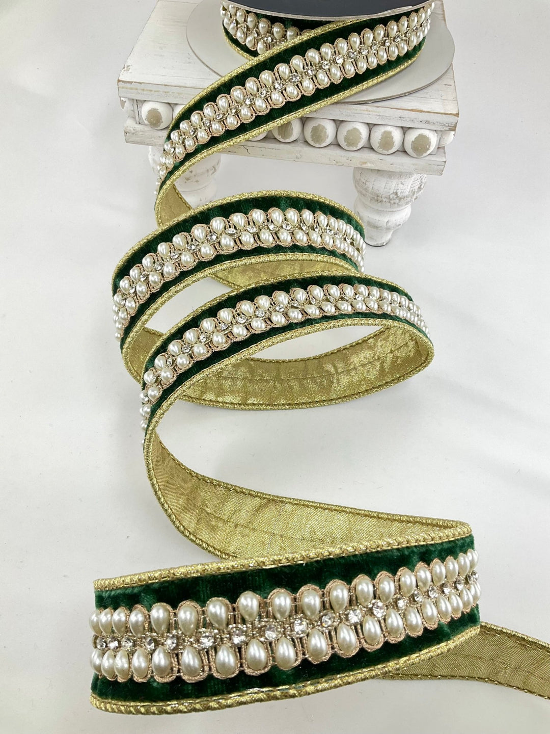 Pine Green Pearl Necklace Farrisilk Wired Ribbon - 1.5" - Greenery MarketRK836-38