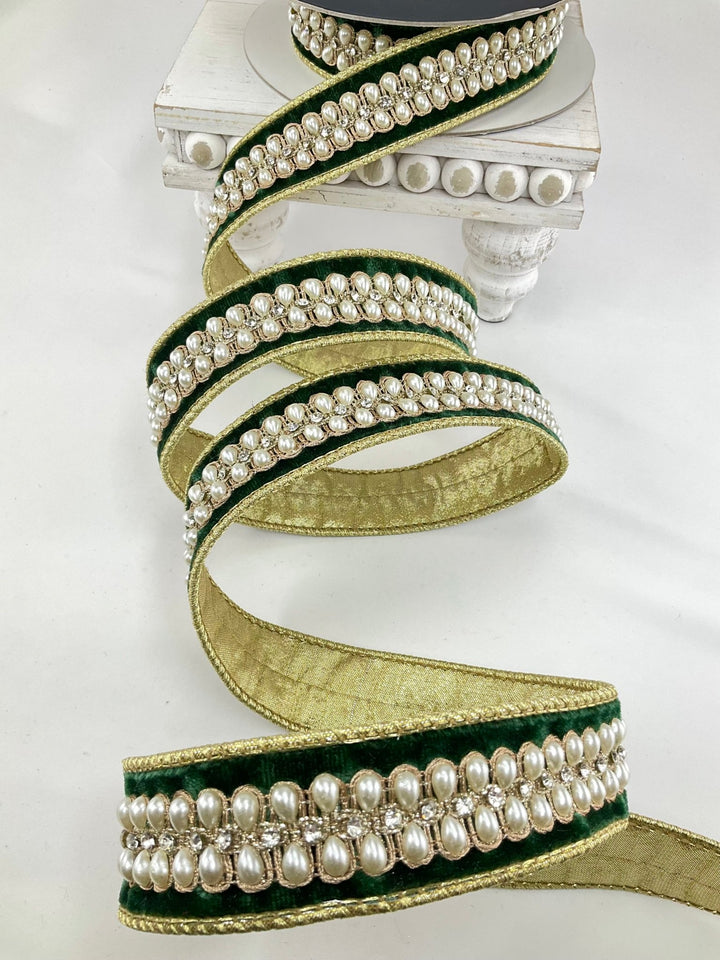 Pine Green Pearl Necklace Farrisilk Wired Ribbon - 1.5" - Greenery MarketRK836-38