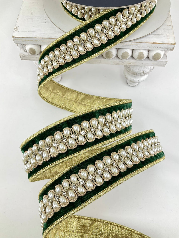 Pine Green Pearl Necklace Farrisilk Wired Ribbon - 1.5" - Greenery MarketRK836-38