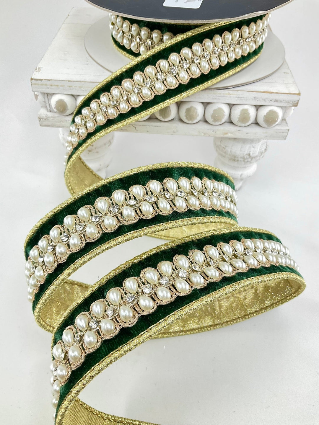 Pine Green Pearl Necklace Farrisilk Wired Ribbon - 1.5" - Greenery MarketRK836-38