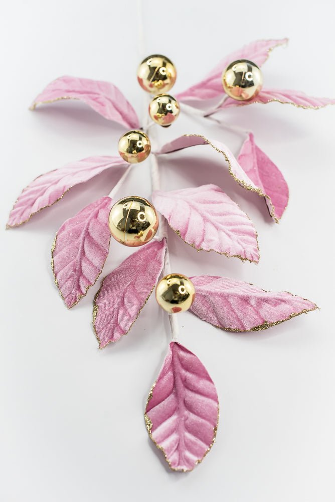 Pink and Gold Velvet Magnolia Leaves Ball Spray - GM Exclusive - Greenery MarketGM2137PKGD