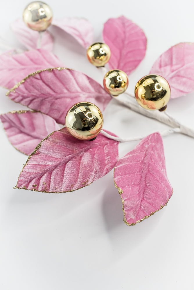 Pink and Gold Velvet Magnolia Leaves Ball Spray - GM Exclusive - Greenery MarketGM2137PKGD