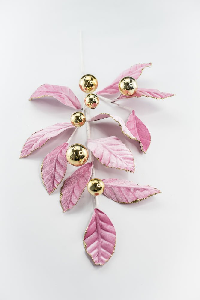 Pink and Gold Velvet Magnolia Leaves Ball Spray - GM Exclusive - Greenery MarketGM2137PKGD